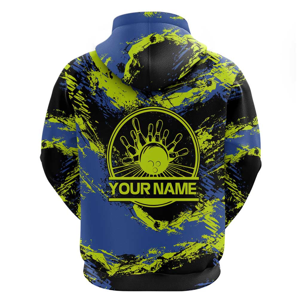 Abstract Blue and Yellow Bowling Ball Strike Design Hoodie with Custom Name Print - Wonder Print Shop