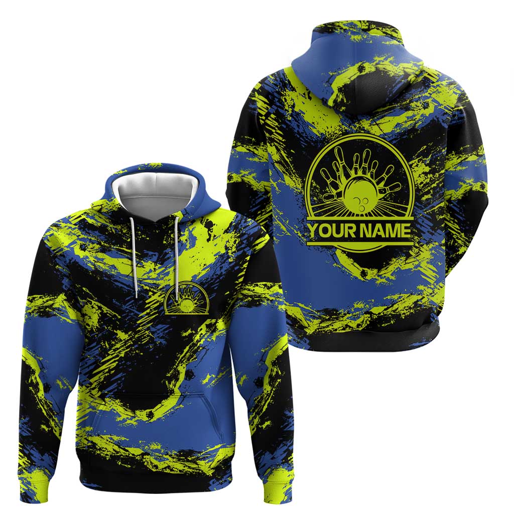 Abstract Blue and Yellow Bowling Ball Strike Design Hoodie with Custom Name Print - Wonder Print Shop