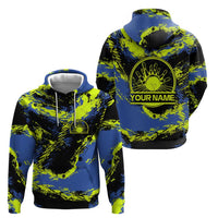 Abstract Blue and Yellow Bowling Ball Strike Design Hoodie with Custom Name Print - Wonder Print Shop