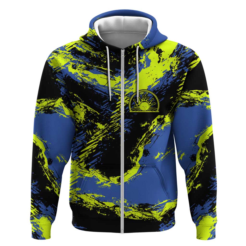 Abstract Blue and Yellow Bowling Ball Strike Design Hoodie with Custom Name Print - Wonder Print Shop