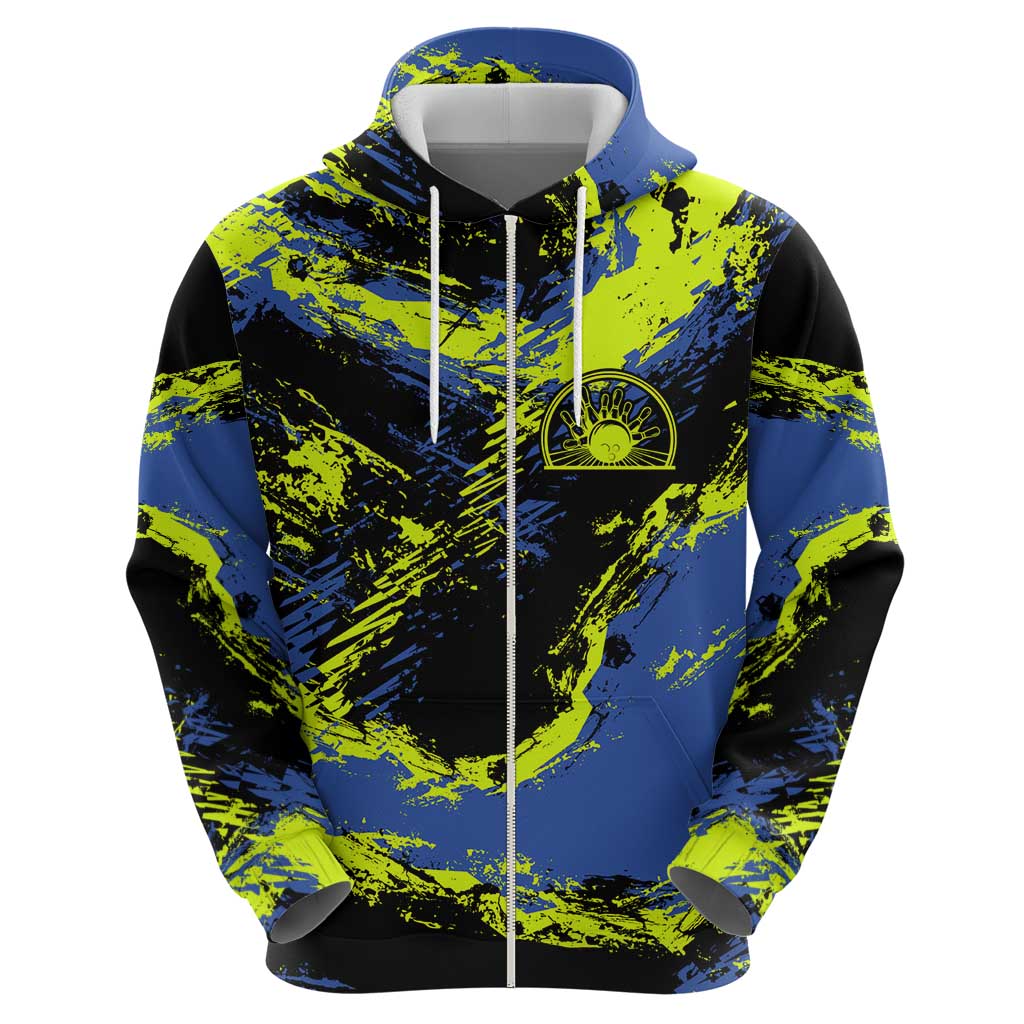 Abstract Blue and Yellow Bowling Ball Strike Design Hoodie with Custom Name Print - Wonder Print Shop
