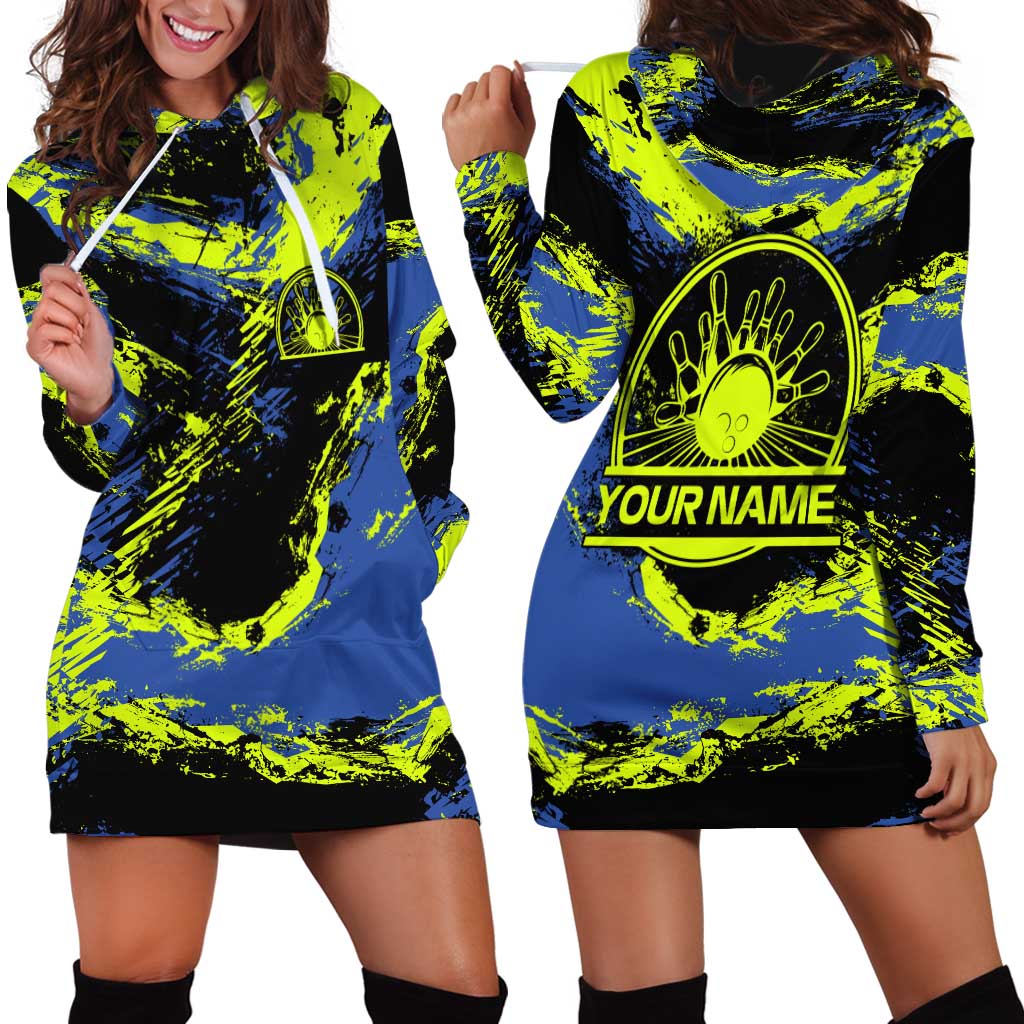Abstract Blue and Yellow Bowling Ball Strike Design Hoodie Dress with Custom Name Print - Wonder Print Shop