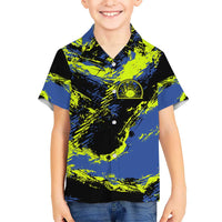 Abstract Blue and Yellow Bowling Ball Strike Design Kid Hawaiian Shirt with Custom Name Print - Wonder Print Shop