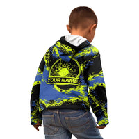 Abstract Blue and Yellow Bowling Ball Strike Design Kid Hoodie with Custom Name Print - Wonder Print Shop