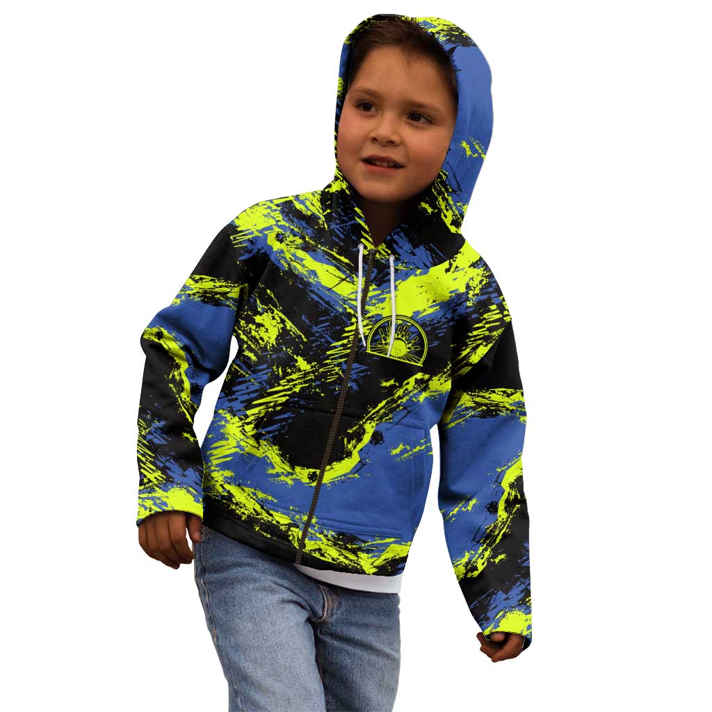 Abstract Blue and Yellow Bowling Ball Strike Design Kid Hoodie with Custom Name Print - Wonder Print Shop