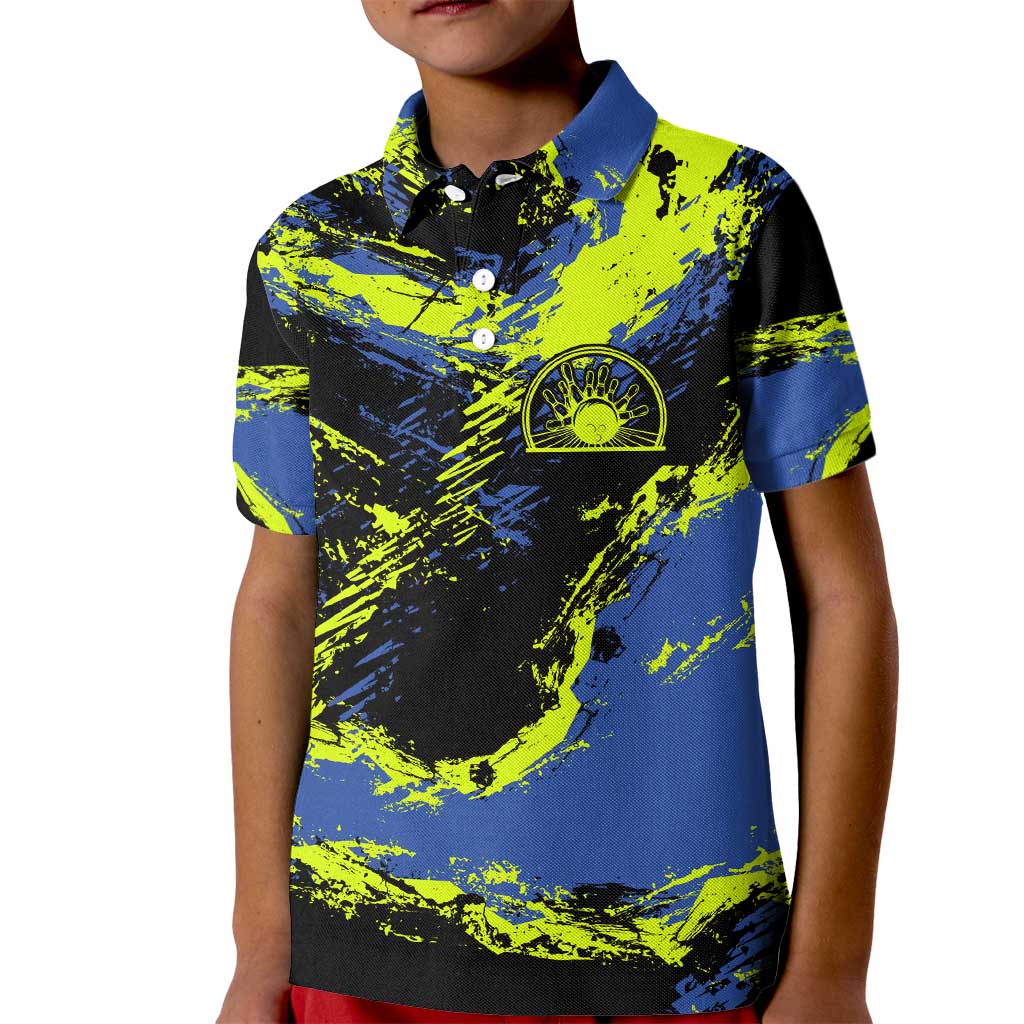 Abstract Blue and Yellow Bowling Ball Strike Design Kid Polo Shirt with Custom Name Print - Wonder Print Shop