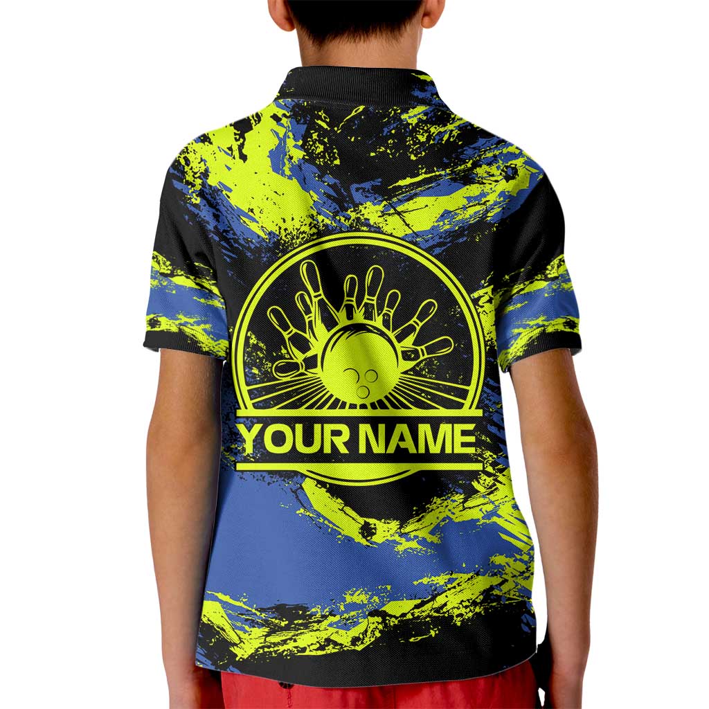 Abstract Blue and Yellow Bowling Ball Strike Design Kid Polo Shirt with Custom Name Print - Wonder Print Shop