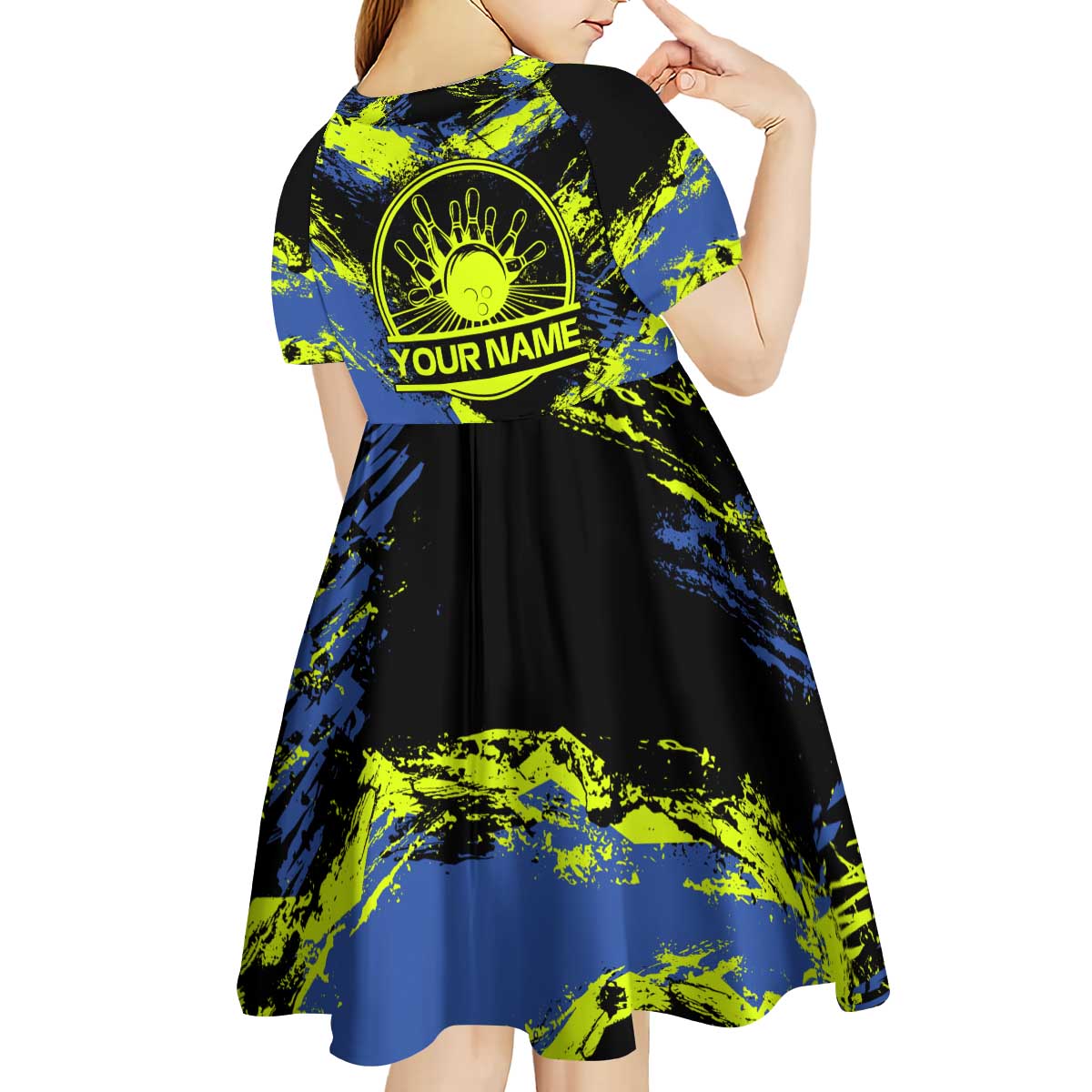 Abstract Blue and Yellow Bowling Ball Strike Design Kid Short Sleeve Dress with Custom Name Print - Wonder Print Shop