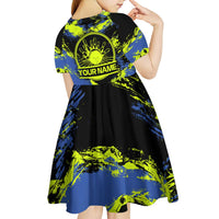 Abstract Blue and Yellow Bowling Ball Strike Design Kid Short Sleeve Dress with Custom Name Print - Wonder Print Shop