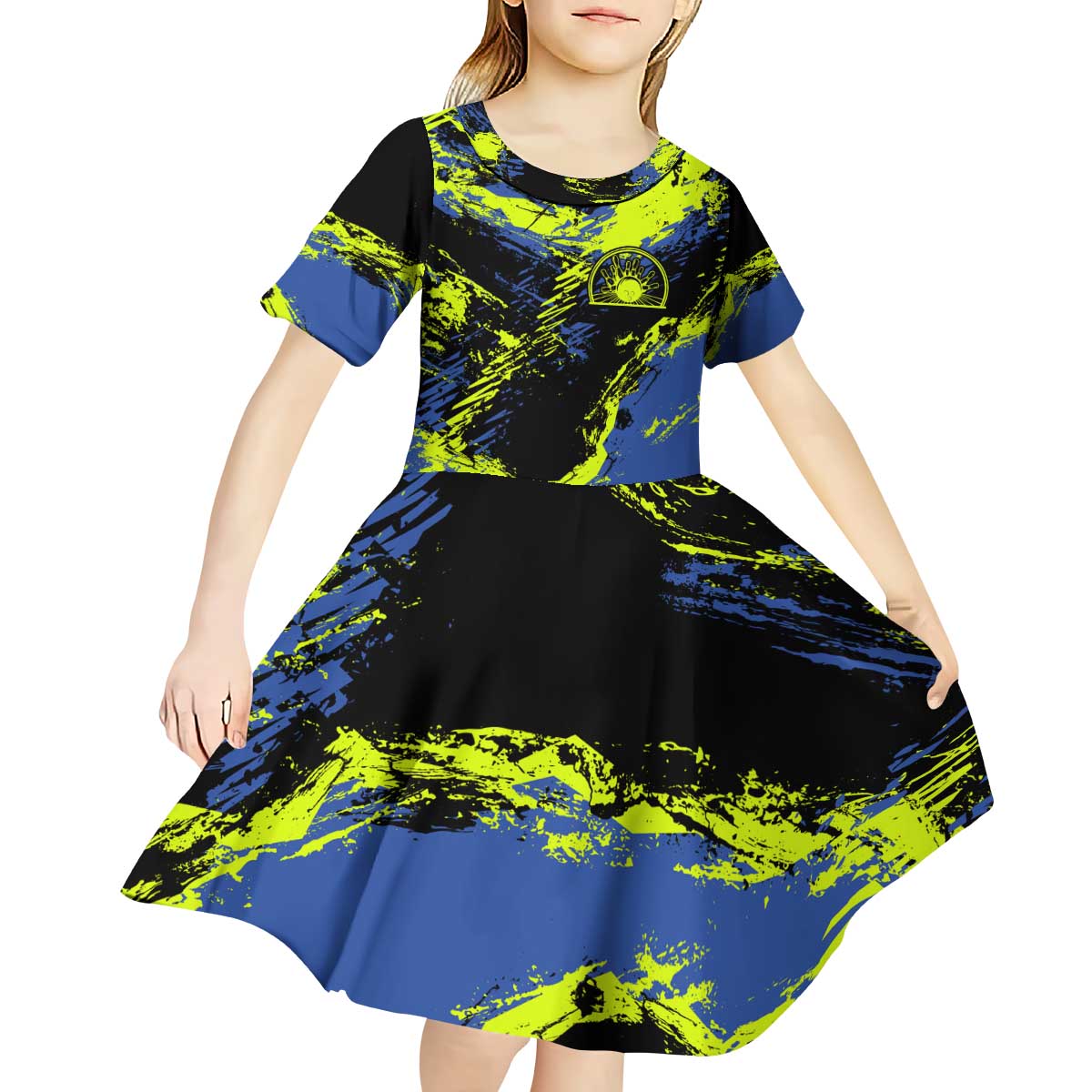 Abstract Blue and Yellow Bowling Ball Strike Design Kid Short Sleeve Dress with Custom Name Print - Wonder Print Shop