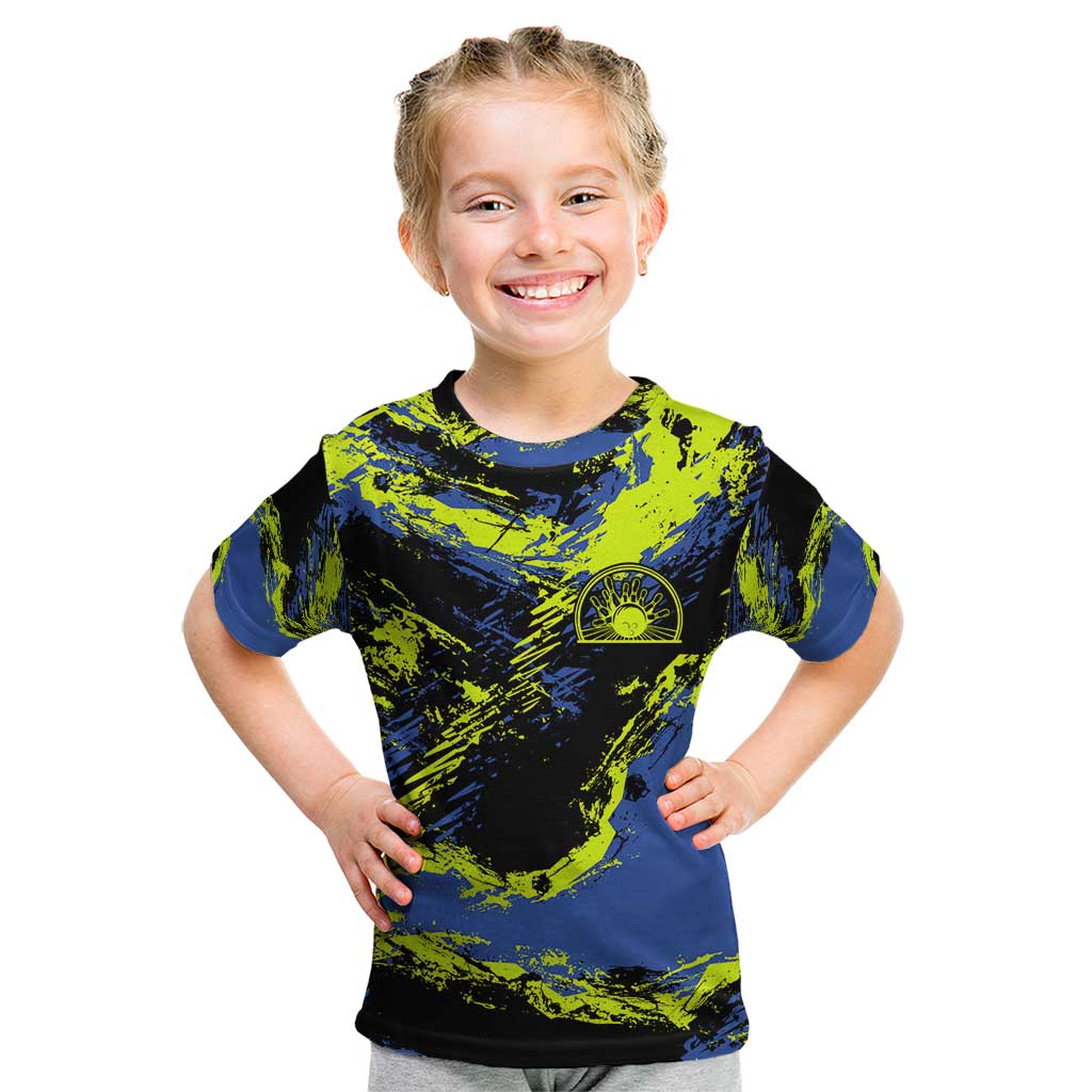 Abstract Blue and Yellow Bowling Ball Strike Design Kid T Shirt with Custom Name Print - Wonder Print Shop