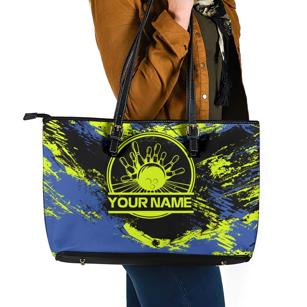 Abstract Blue and Yellow Bowling Ball Strike Design Leather Tote Bag with Custom Name Print - Wonder Print Shop