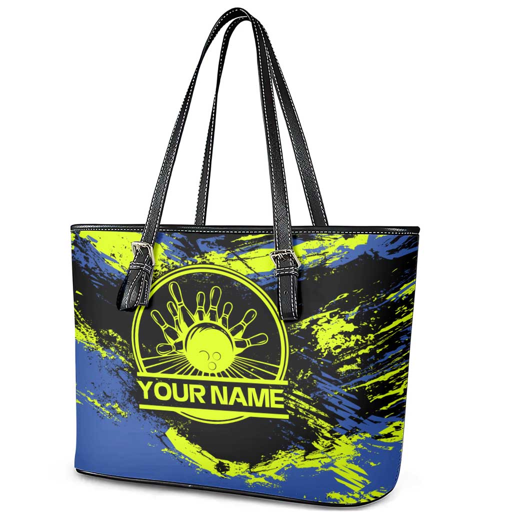 Abstract Blue and Yellow Bowling Ball Strike Design Leather Tote Bag with Custom Name Print - Wonder Print Shop