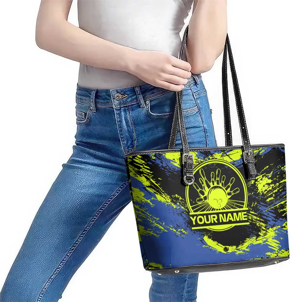 Abstract Blue and Yellow Bowling Ball Strike Design Leather Tote Bag with Custom Name Print - Wonder Print Shop
