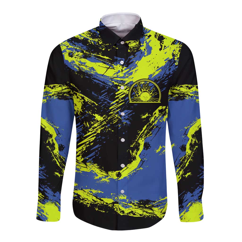 Abstract Blue and Yellow Bowling Ball Strike Design Long Sleeve Button Shirt with Custom Name Print - Wonder Print Shop