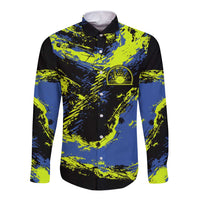 Abstract Blue and Yellow Bowling Ball Strike Design Long Sleeve Button Shirt with Custom Name Print - Wonder Print Shop