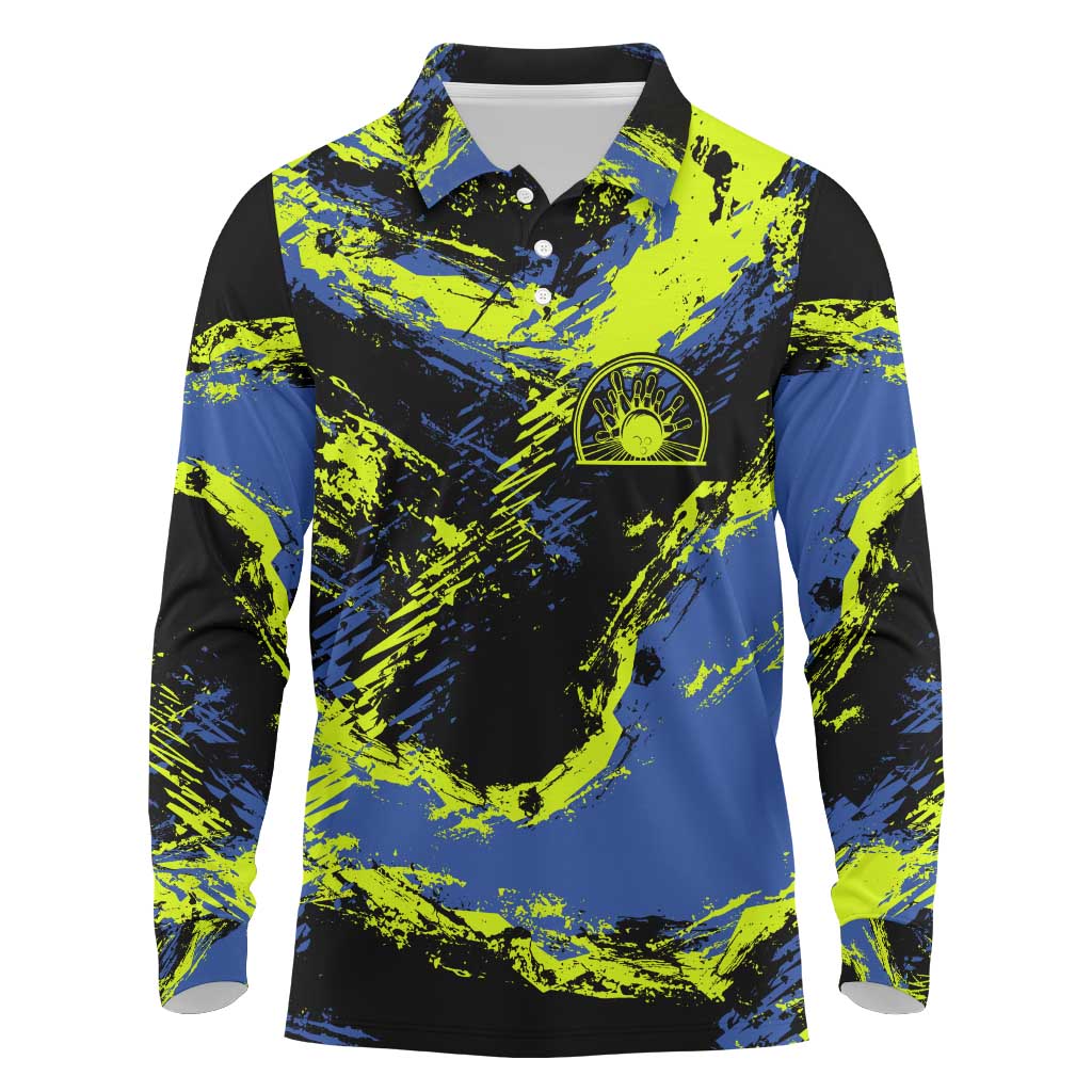 Abstract Blue and Yellow Bowling Ball Strike Design Long Sleeve Polo Shirt with Custom Name Print - Wonder Print Shop