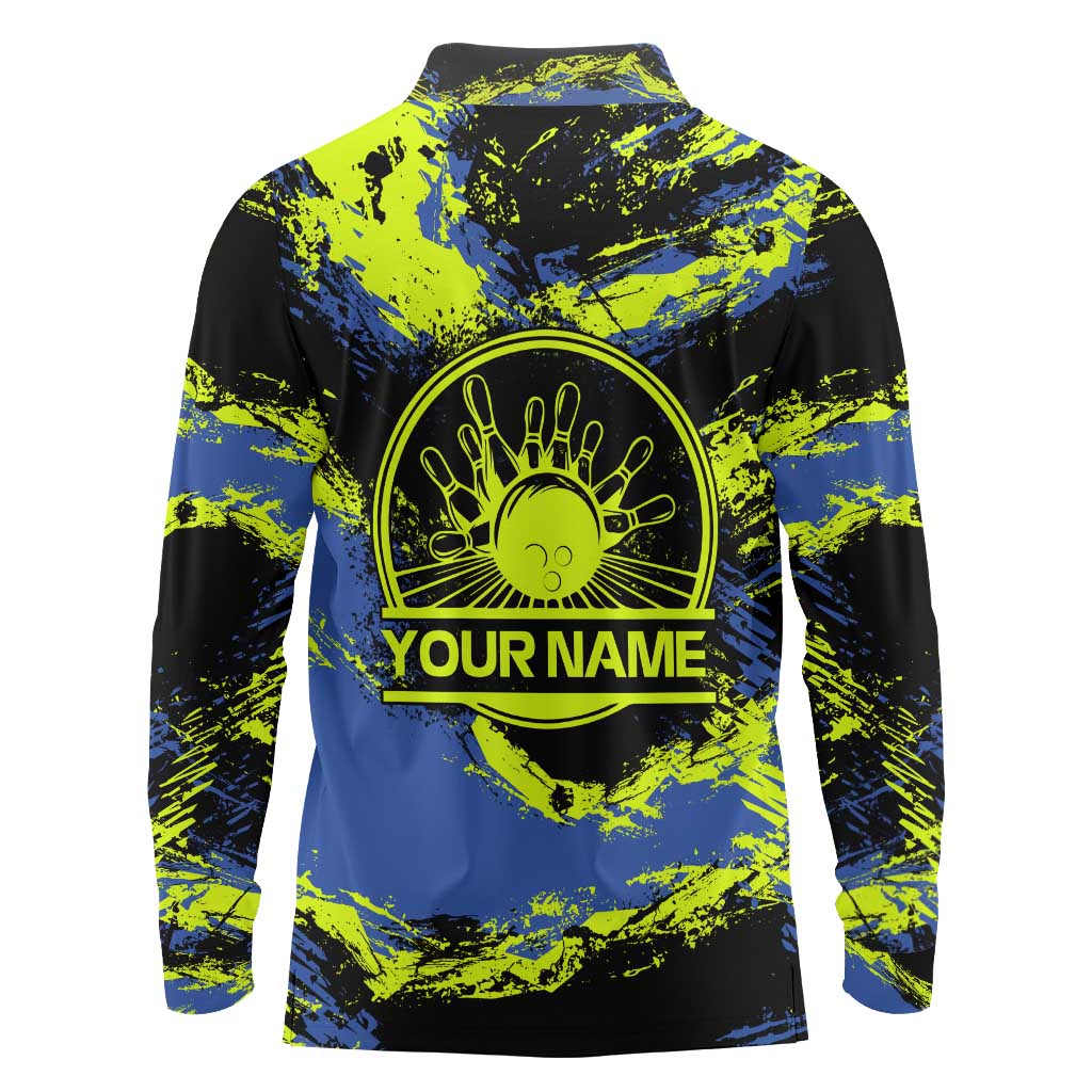 Abstract Blue and Yellow Bowling Ball Strike Design Long Sleeve Polo Shirt with Custom Name Print - Wonder Print Shop