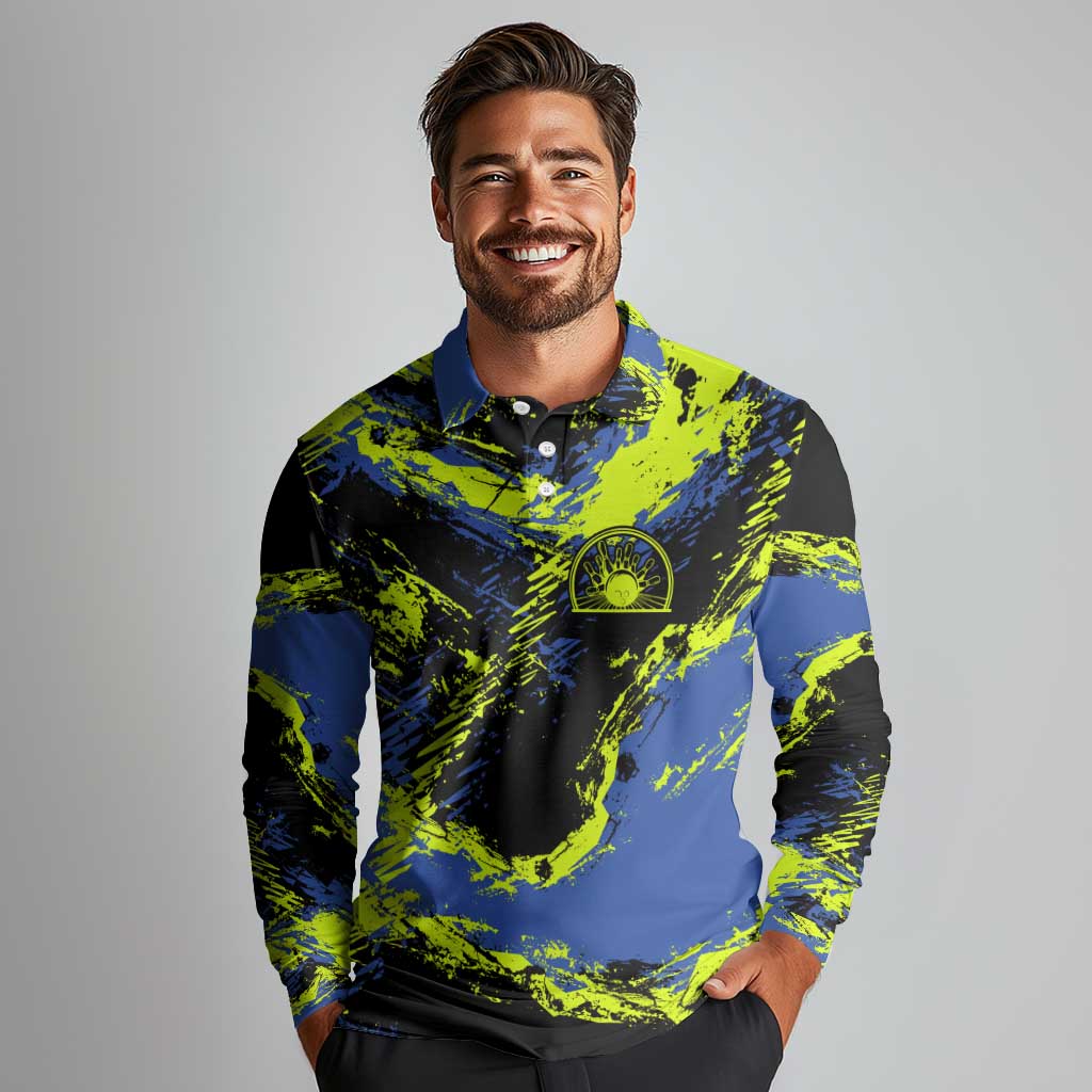 Abstract Blue and Yellow Bowling Ball Strike Design Long Sleeve Polo Shirt with Custom Name Print - Wonder Print Shop