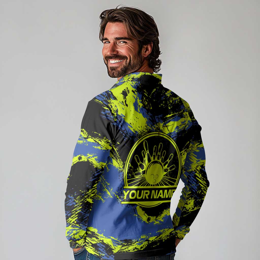 Abstract Blue and Yellow Bowling Ball Strike Design Long Sleeve Polo Shirt with Custom Name Print - Wonder Print Shop