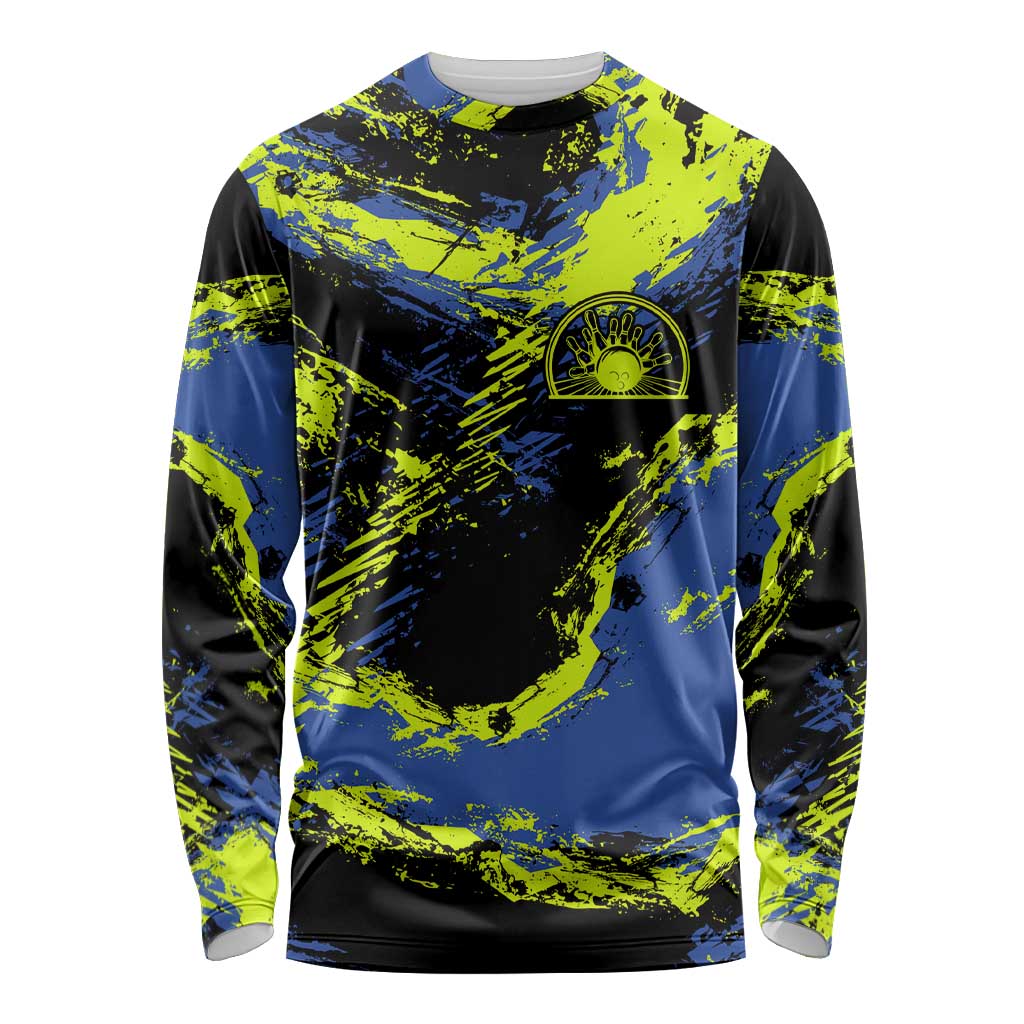 Abstract Blue and Yellow Bowling Ball Strike Design Long Sleeve Shirt with Custom Name Print - Wonder Print Shop