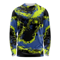 Abstract Blue and Yellow Bowling Ball Strike Design Long Sleeve Shirt with Custom Name Print - Wonder Print Shop