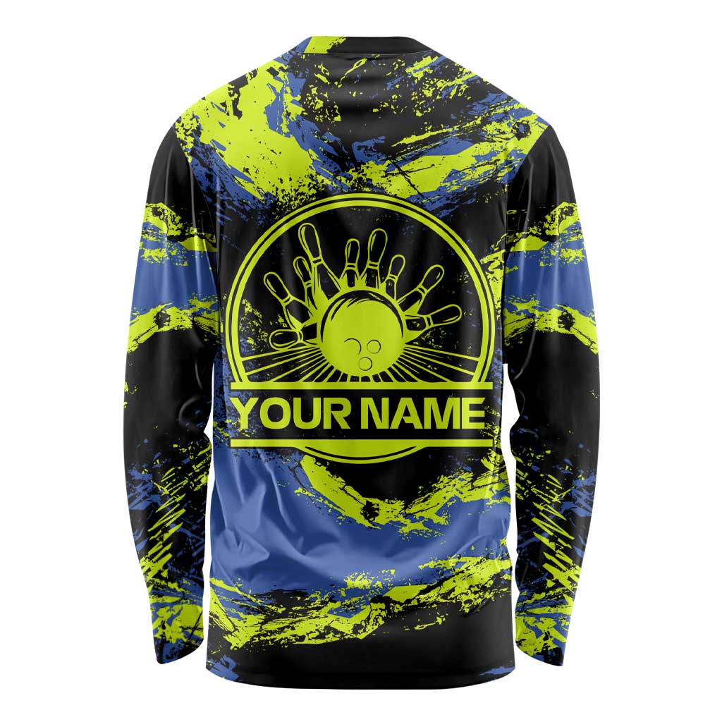Abstract Blue and Yellow Bowling Ball Strike Design Long Sleeve Shirt with Custom Name Print - Wonder Print Shop