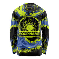 Abstract Blue and Yellow Bowling Ball Strike Design Long Sleeve Shirt with Custom Name Print - Wonder Print Shop