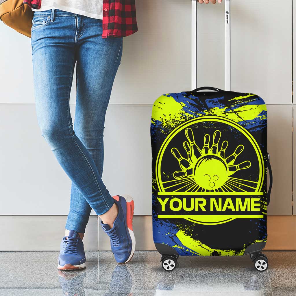 Abstract Blue and Yellow Bowling Ball Strike Design Luggage Cover with Custom Name Print - Wonder Print Shop