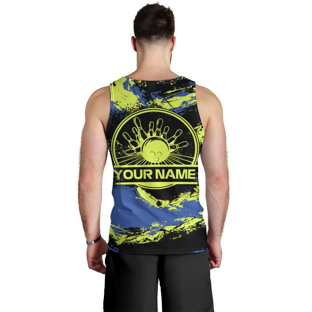 Abstract Blue and Yellow Bowling Ball Strike Design Men Tank Top with Custom Name Print - Wonder Print Shop