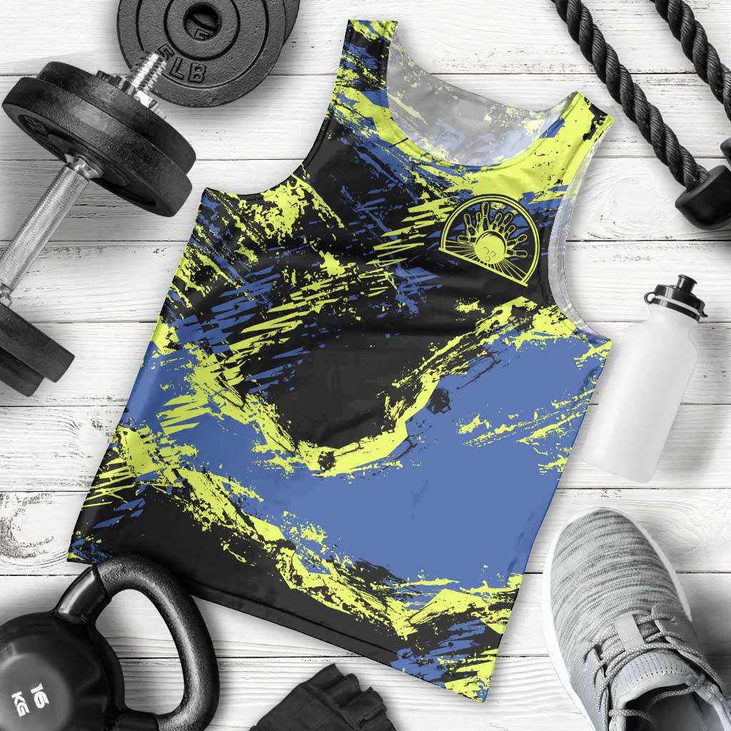 Abstract Blue and Yellow Bowling Ball Strike Design Men Tank Top with Custom Name Print - Wonder Print Shop