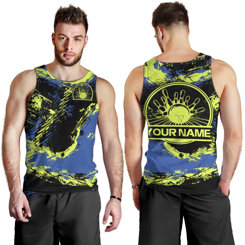 Abstract Blue and Yellow Bowling Ball Strike Design Men Tank Top with Custom Name Print - Wonder Print Shop