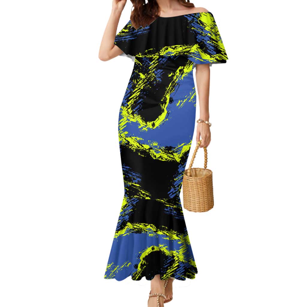 Abstract Blue and Yellow Bowling Ball Strike Design Mermaid Dress with Custom Name Print - Wonder Print Shop