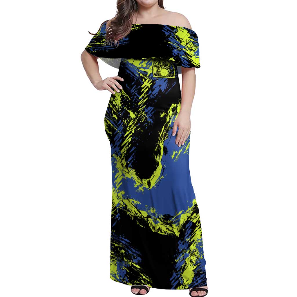 Abstract Blue and Yellow Bowling Ball Strike Design Off Shoulder Maxi Dress with Custom Name Print - Wonder Print Shop