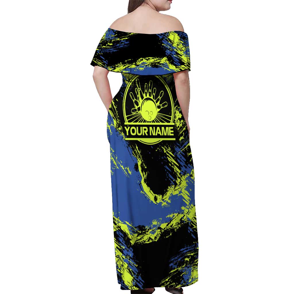 Abstract Blue and Yellow Bowling Ball Strike Design Off Shoulder Maxi Dress with Custom Name Print - Wonder Print Shop