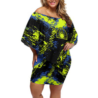 Abstract Blue and Yellow Bowling Ball Strike Design Off Shoulder Short Dress with Custom Name Print - Wonder Print Shop