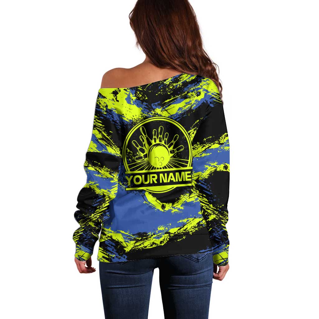 Abstract Blue and Yellow Bowling Ball Strike Design Off Shoulder Sweater with Custom Name Print - Wonder Print Shop