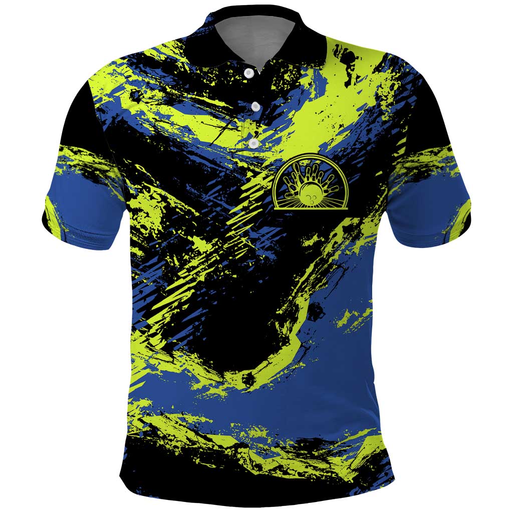 Abstract Blue and Yellow Bowling Ball Strike Design Polo Shirt with Custom Name Print - Wonder Print Shop