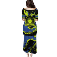 Abstract Blue and Yellow Bowling Ball Strike Design Puletasi with Custom Name Print - Wonder Print Shop