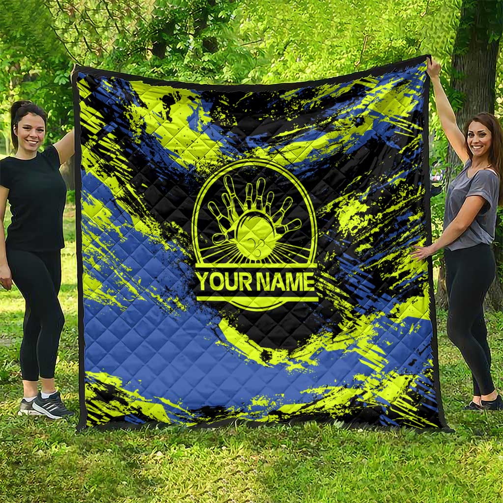 Abstract Blue and Yellow Bowling Ball Strike Design Quilt with Custom Name Print - Wonder Print Shop