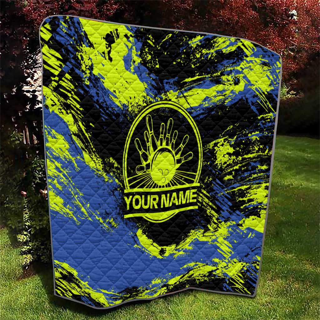 Abstract Blue and Yellow Bowling Ball Strike Design Quilt with Custom Name Print - Wonder Print Shop