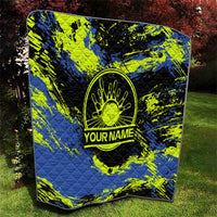 Abstract Blue and Yellow Bowling Ball Strike Design Quilt with Custom Name Print - Wonder Print Shop