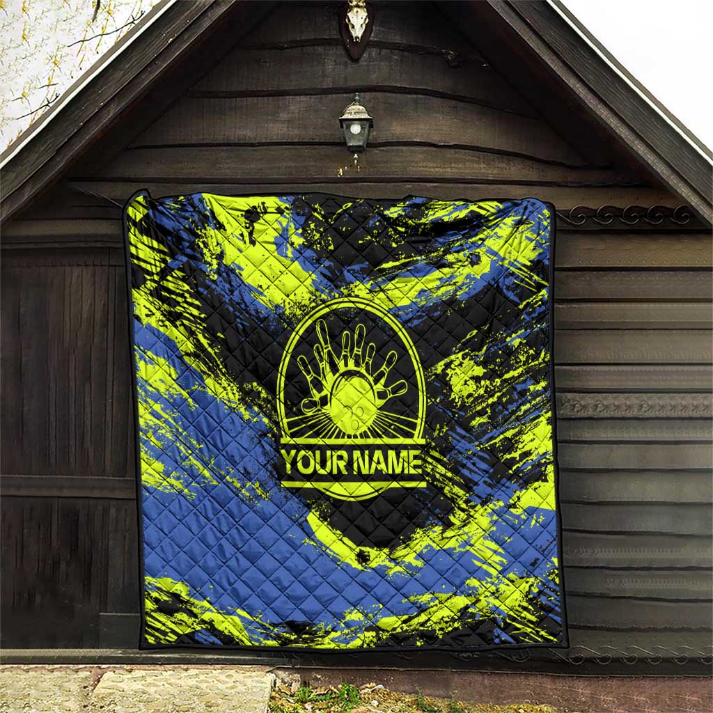 Abstract Blue and Yellow Bowling Ball Strike Design Quilt with Custom Name Print - Wonder Print Shop