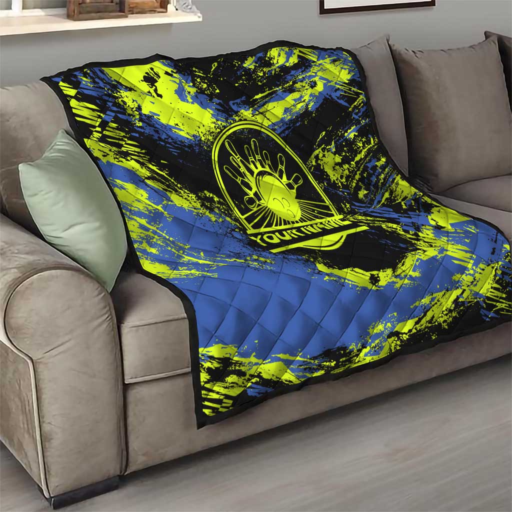 Abstract Blue and Yellow Bowling Ball Strike Design Quilt with Custom Name Print - Wonder Print Shop