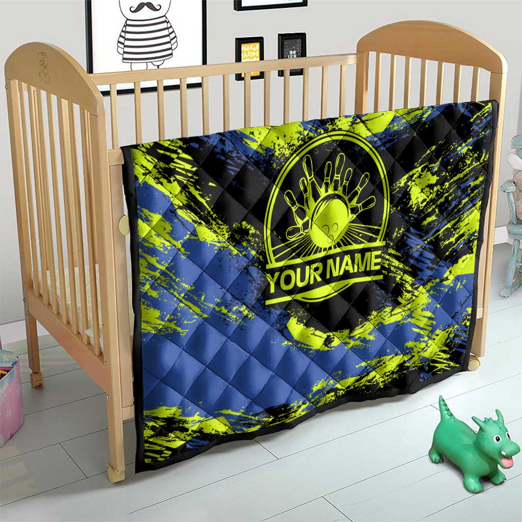 Abstract Blue and Yellow Bowling Ball Strike Design Quilt with Custom Name Print - Wonder Print Shop