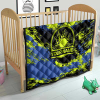 Abstract Blue and Yellow Bowling Ball Strike Design Quilt with Custom Name Print - Wonder Print Shop