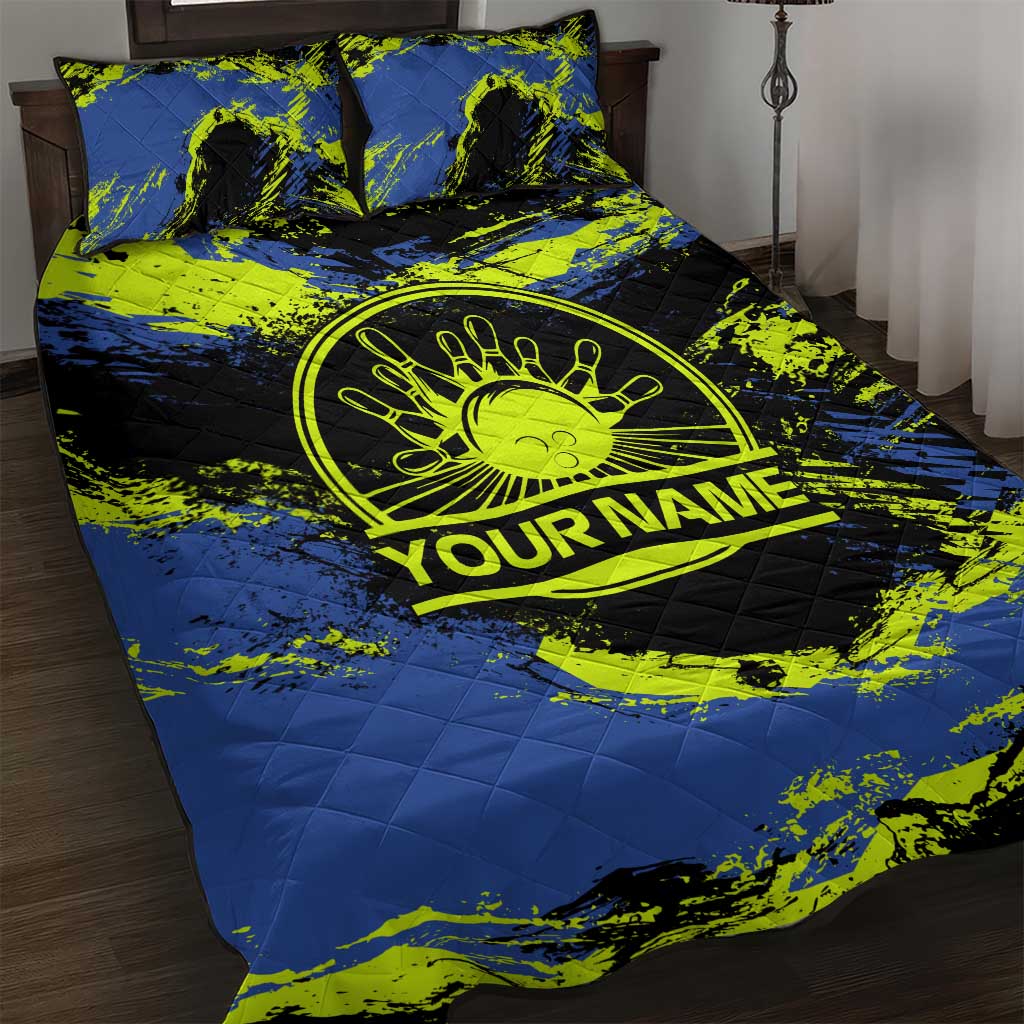 Abstract Blue and Yellow Bowling Ball Strike Design Quilt Bed Set with Custom Name Print - Wonder Print Shop