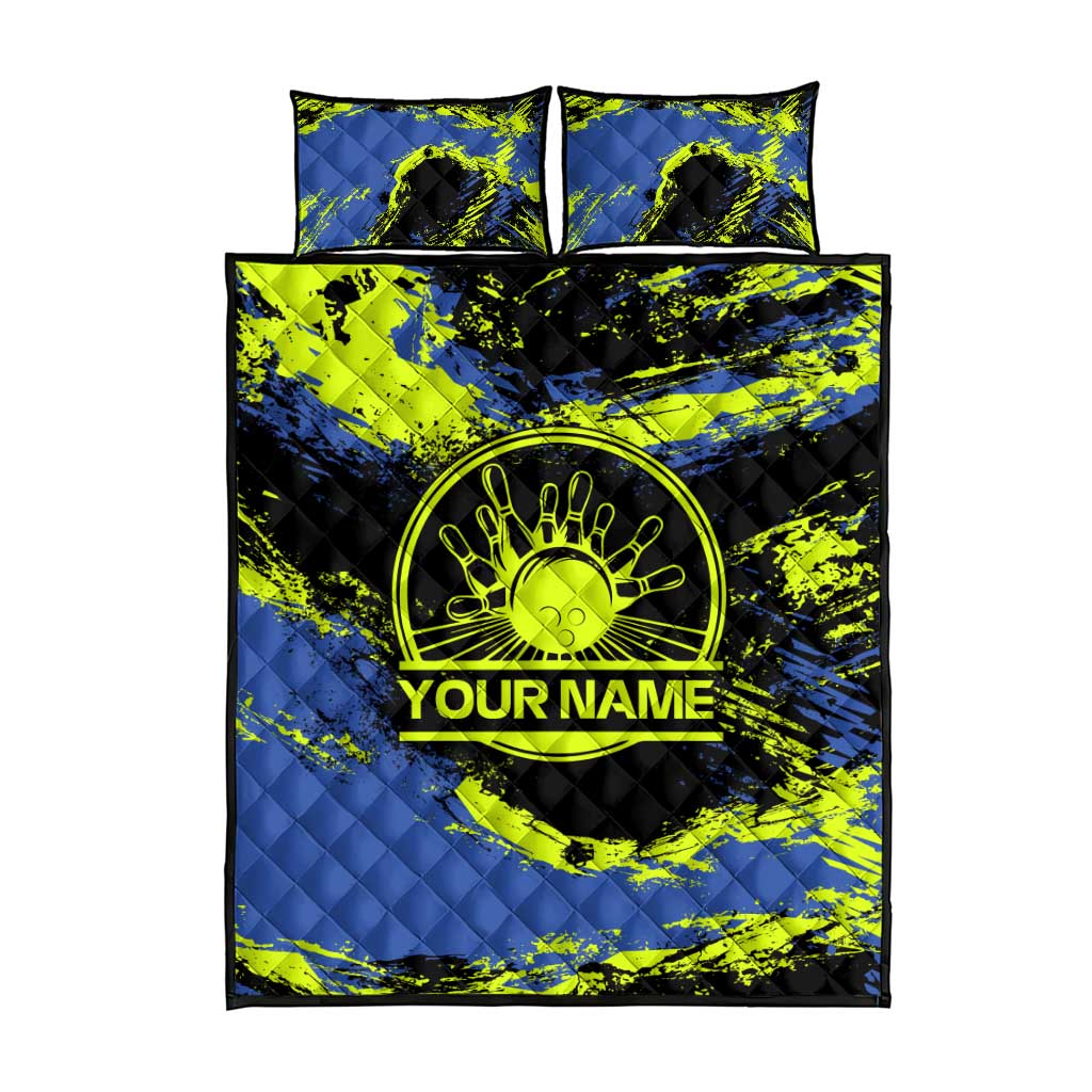 Abstract Blue and Yellow Bowling Ball Strike Design Quilt Bed Set with Custom Name Print - Wonder Print Shop