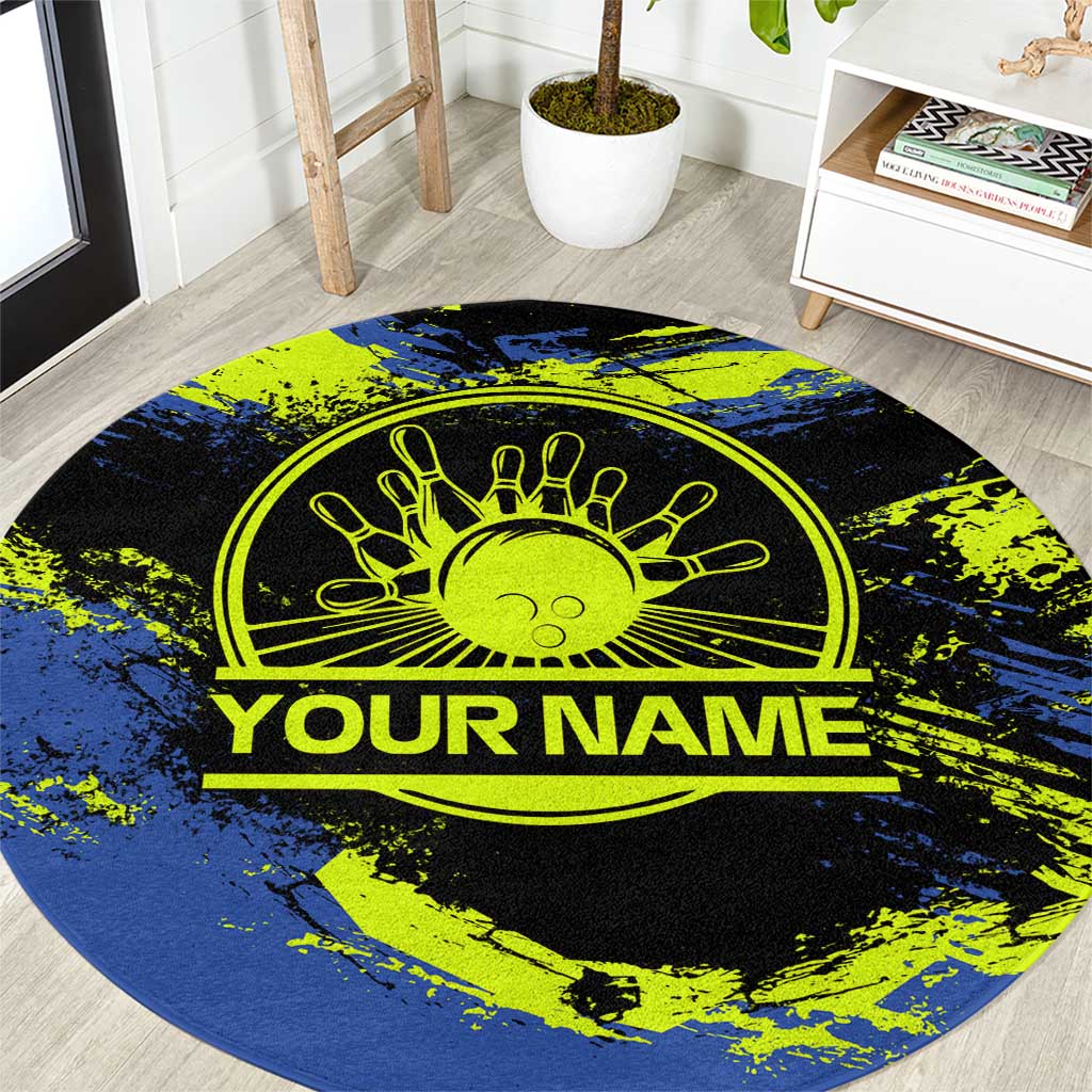 Abstract Blue and Yellow Bowling Ball Strike Design Round Carpet with Custom Name Print - Wonder Print Shop