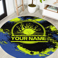 Abstract Blue and Yellow Bowling Ball Strike Design Round Carpet with Custom Name Print - Wonder Print Shop